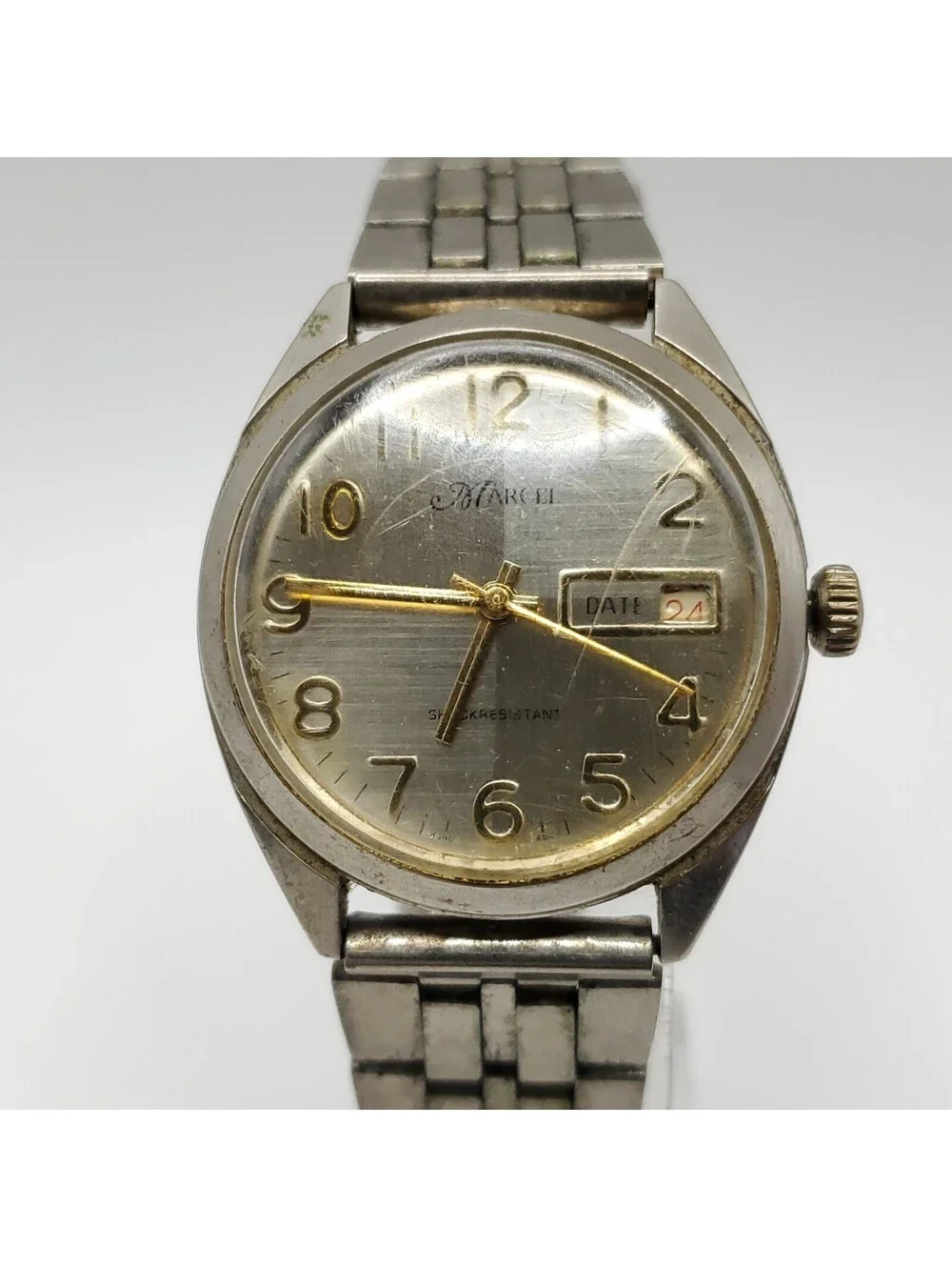 Vintage Mens Marcel Watch Running Fast Silver Tone Day/Date Dial